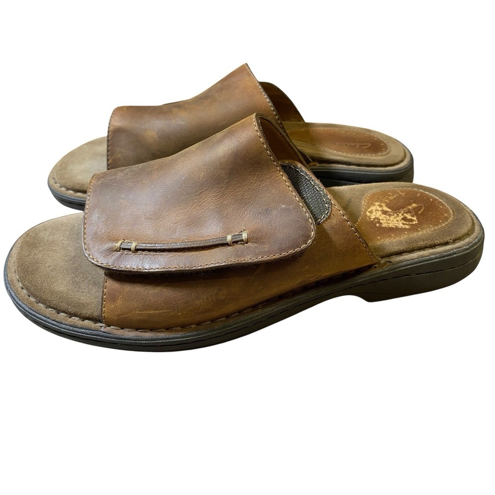 Clarks Men 11 M Brown Leather Slide Sandals Hook & Loop Strap Slip On Mules
